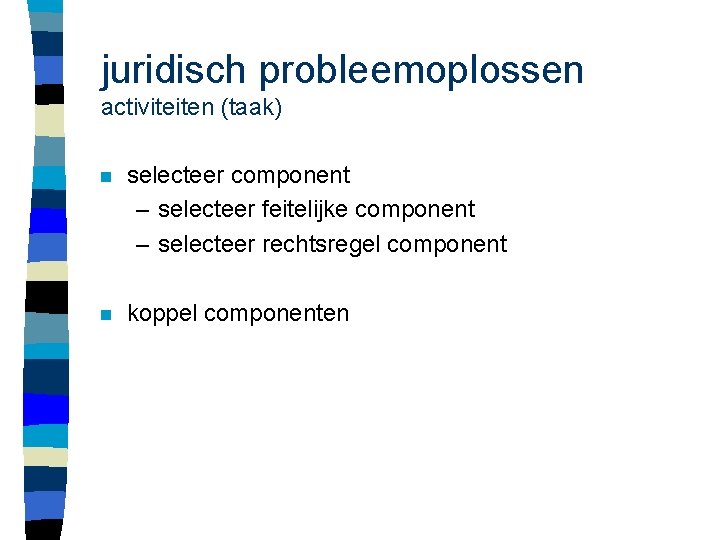 juridisch probleemoplossen activiteiten (taak) n selecteer component – selecteer feitelijke component – selecteer rechtsregel