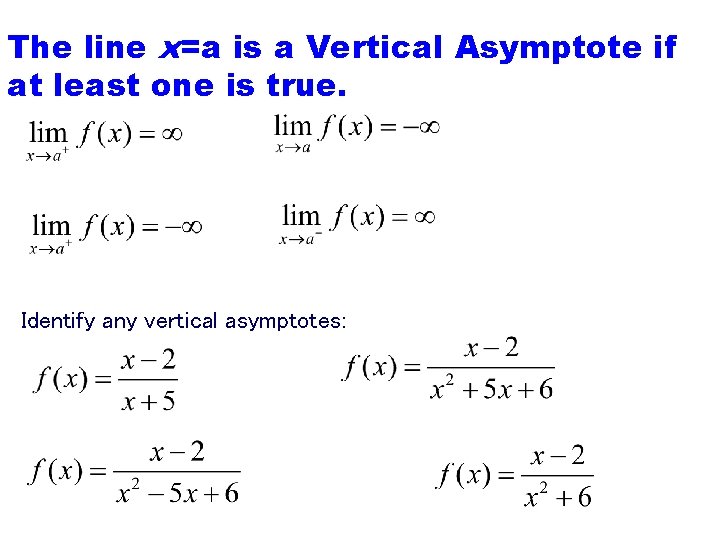 The line x=a is a Vertical Asymptote if at least one is true. Identify