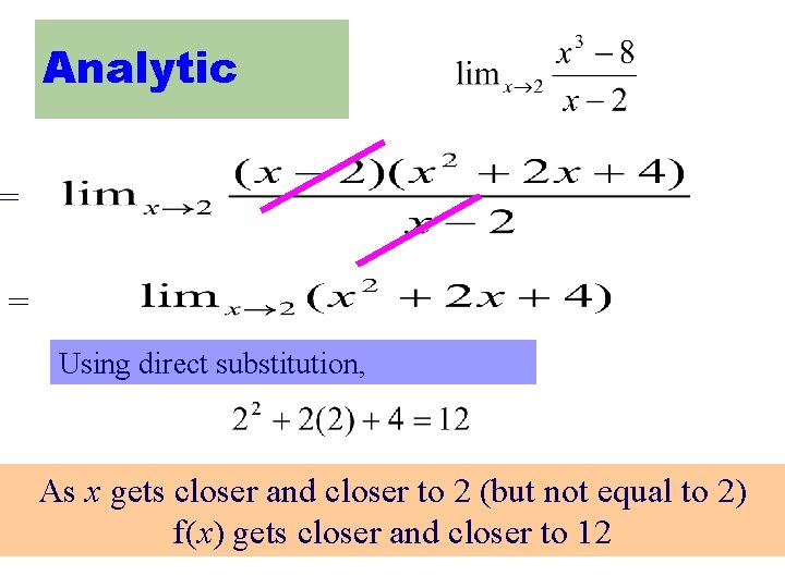 Analytic = = Using direct substitution, As x gets closer and closer to 2