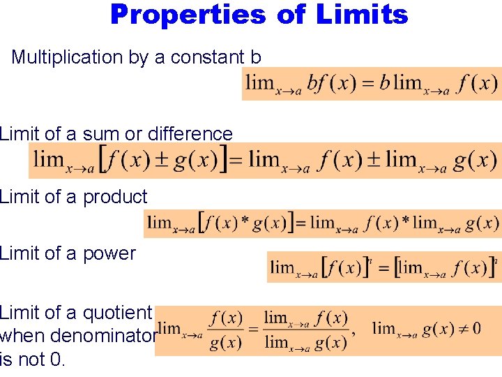 Properties of Limits Multiplication by a constant b Limit of a sum or difference