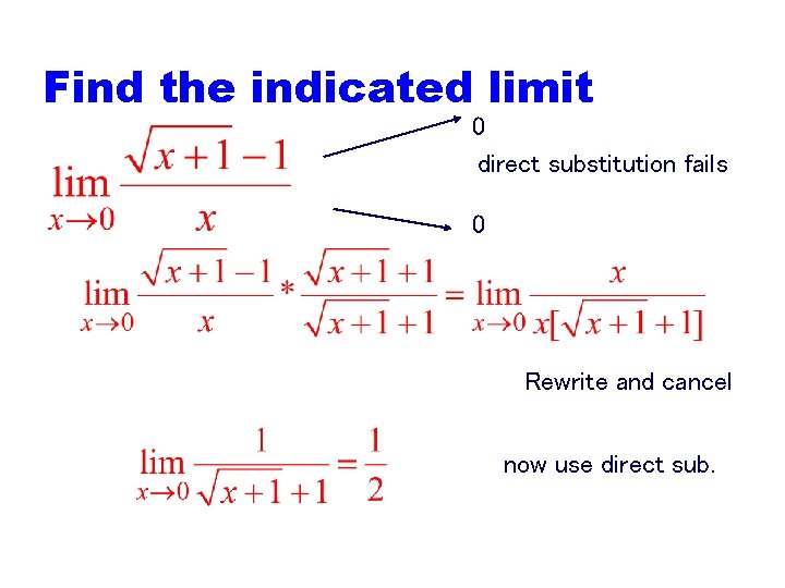 Find the indicated limit 0 direct substitution fails 0 Rewrite and cancel now use