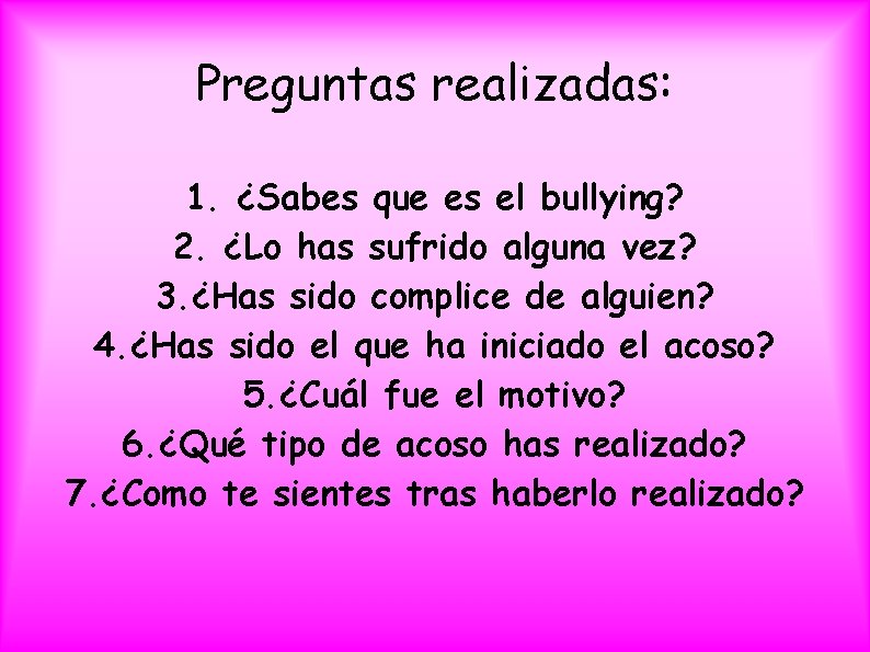 Preguntas realizadas: 1. ¿Sabes que es el bullying? 2. ¿Lo has sufrido alguna vez?