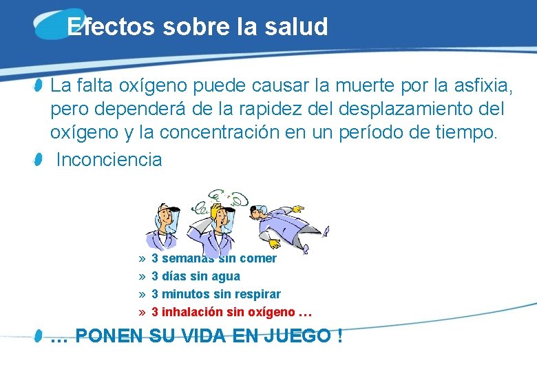 Efectos sobre la salud La falta oxígeno puede causar la muerte por la asfixia,