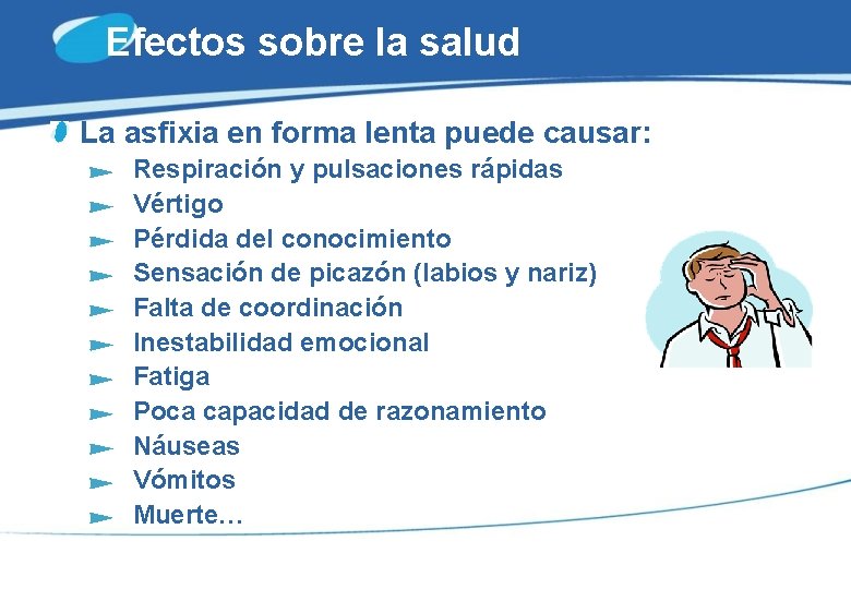 Efectos sobre la salud La asfixia en forma lenta puede causar: Respiración y pulsaciones