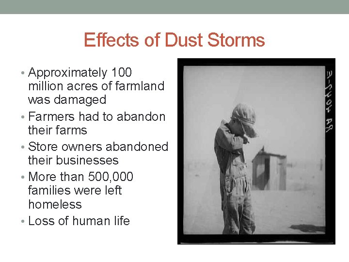 Effects of Dust Storms • Approximately 100 million acres of farmland was damaged •