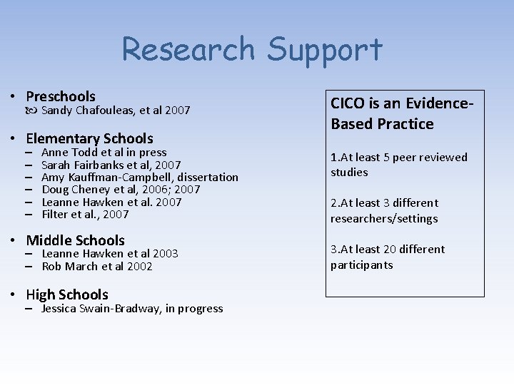 Research Support • Preschools Sandy Chafouleas, et al 2007 • Elementary Schools – –