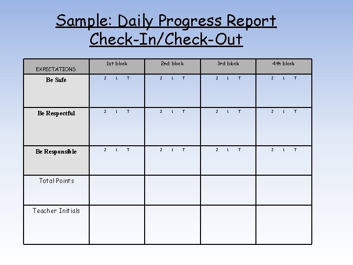 Sample: Daily Progress Report Check-In/Check-Out EXPECTATIONS 1 st block 2 nd block 3 rd