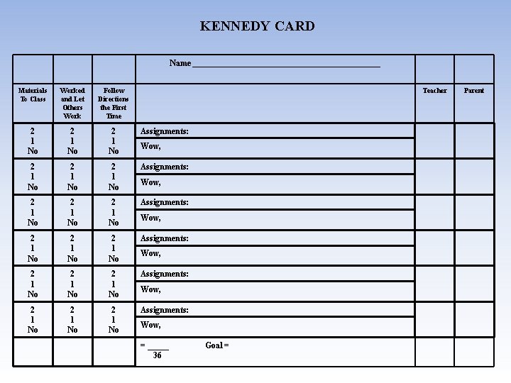 KENNEDY CARD Name ___________________________ Materials To Class Worked and Let Others Work Follow Directions