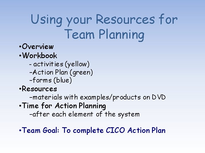 Using your Resources for Team Planning • Overview • Workbook – activities (yellow) –Action