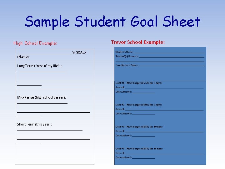 Sample Student Goal Sheet High School Example: _______________ ‘s GOALS (Name) Long Term (“rest