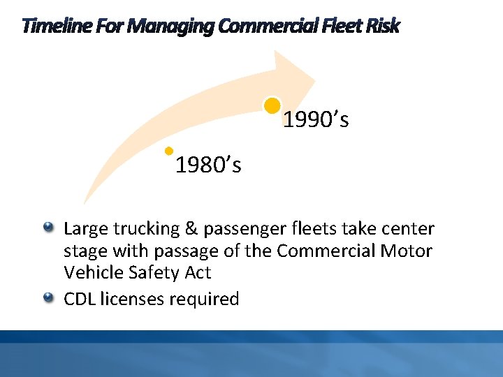 1990’s 1980’s Large trucking & passenger fleets take center stage with passage of the