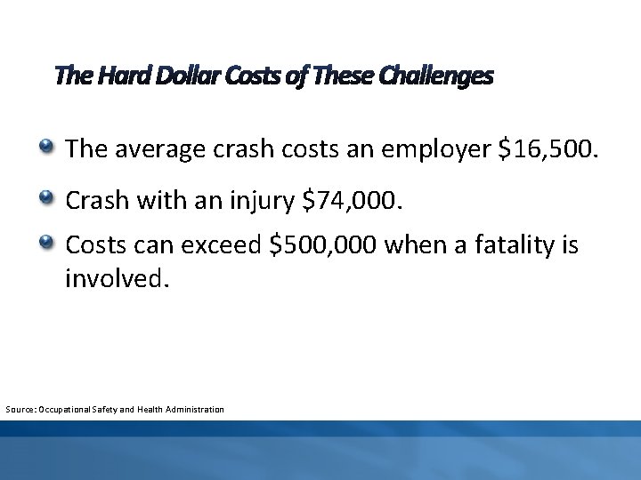 The average crash costs an employer $16, 500. Crash with an injury $74, 000.