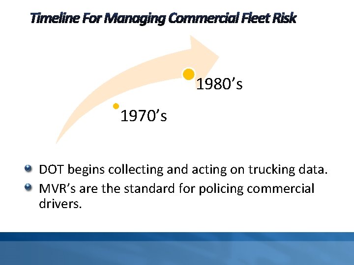 1980’s 1970’s DOT begins collecting and acting on trucking data. MVR’s are the standard