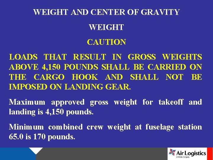 WEIGHT AND CENTER OF GRAVITY WEIGHT CAUTION LOADS THAT RESULT IN GROSS WEIGHTS ABOVE