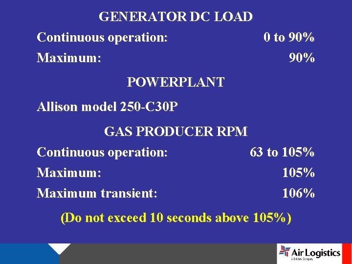GENERATOR DC LOAD Continuous operation: 0 to 90% Maximum: 90% POWERPLANT Allison model 250