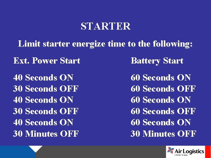 STARTER Limit starter energize time to the following: Ext. Power Start Battery Start 40