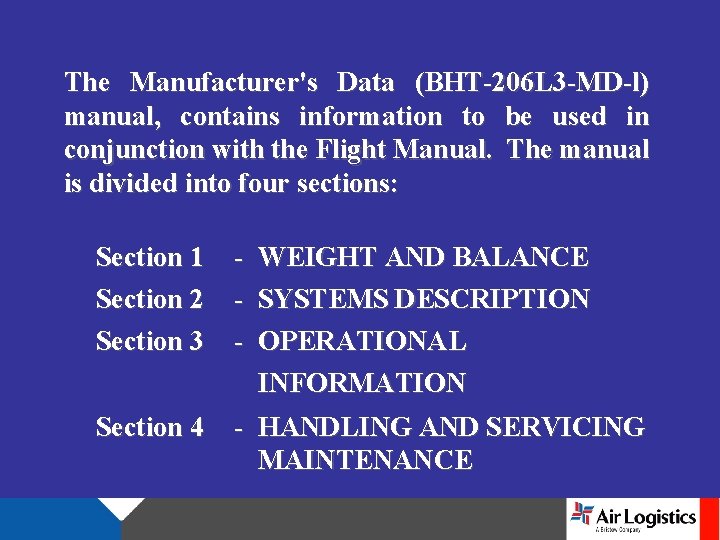The Manufacturer's Data (BHT-206 L 3 -MD-l) manual, contains information to be used in