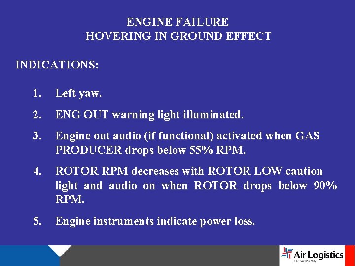 ENGINE FAILURE HOVERING IN GROUND EFFECT INDICATIONS: 1. Left yaw. 2. ENG OUT warning