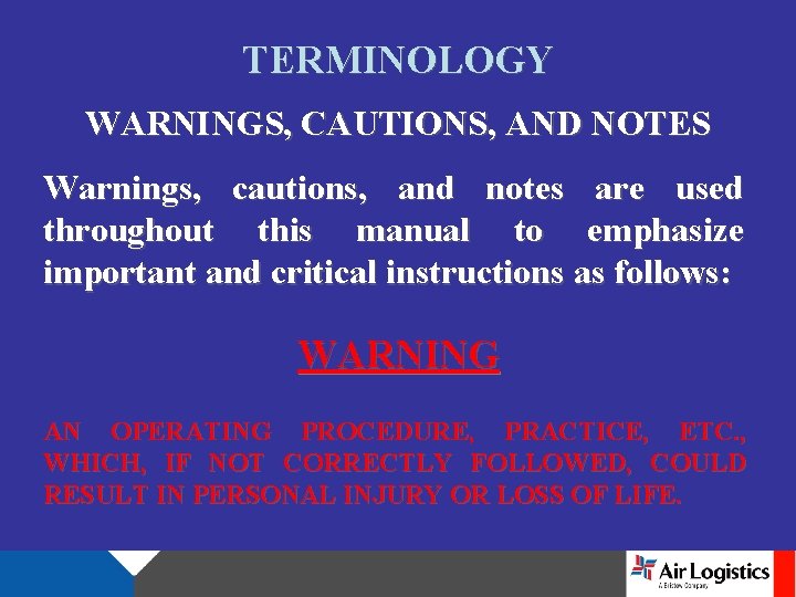 TERMINOLOGY WARNINGS, CAUTIONS, AND NOTES Warnings, cautions, and notes are used throughout this manual