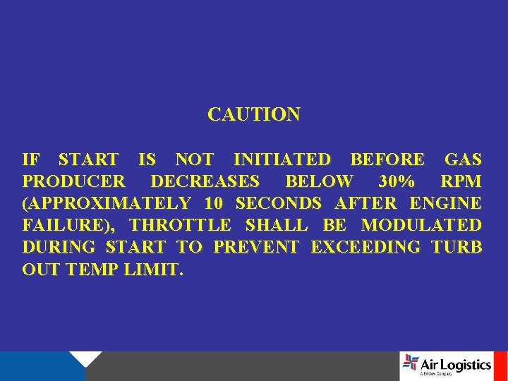 CAUTION IF START IS NOT INITIATED BEFORE GAS PRODUCER DECREASES BELOW 30% RPM (APPROXIMATELY