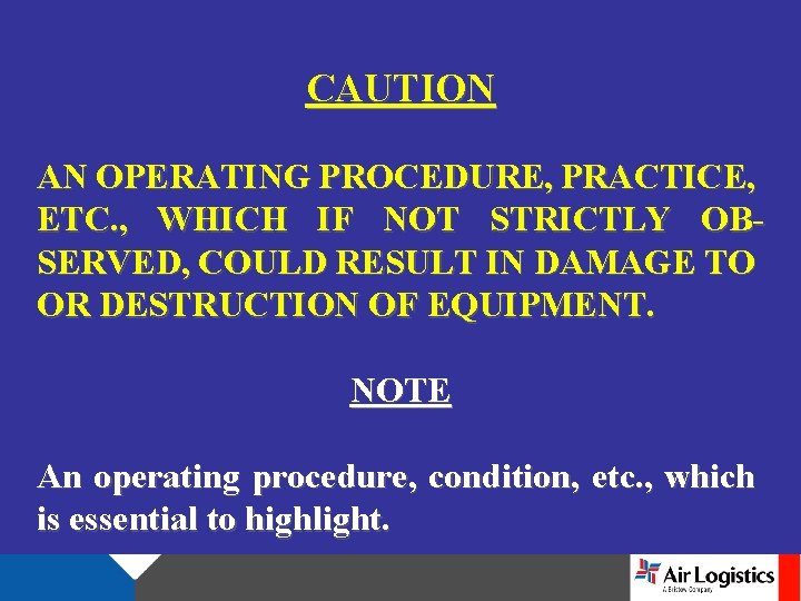 CAUTION AN OPERATING PROCEDURE, PRACTICE, ETC. , WHICH IF NOT STRICTLY OBSERVED, COULD RESULT