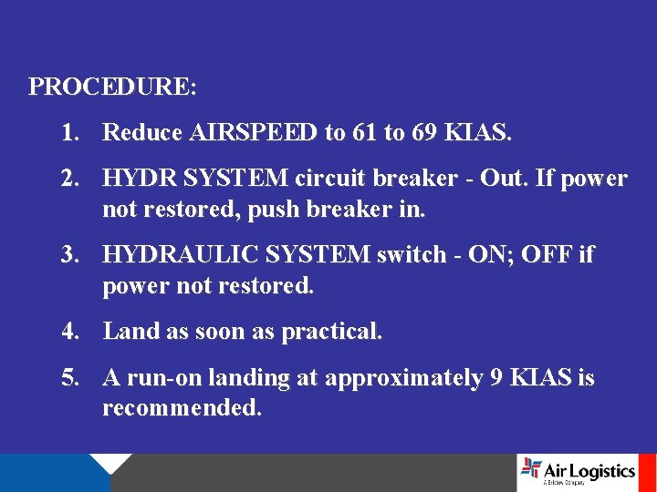 PROCEDURE: 1. Reduce AIRSPEED to 61 to 69 KIAS. 2. HYDR SYSTEM circuit breaker