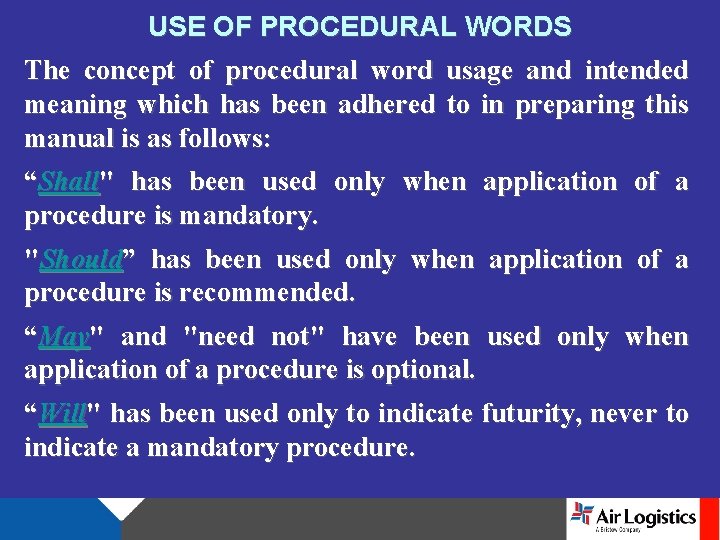 USE OF PROCEDURAL WORDS The concept of procedural word usage and intended meaning which