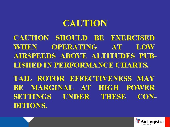CAUTION SHOULD BE EXERCISED WHEN OPERATING AT LOW AIRSPEEDS ABOVE ALTITUDES PUBLISHED IN PERFORMANCE