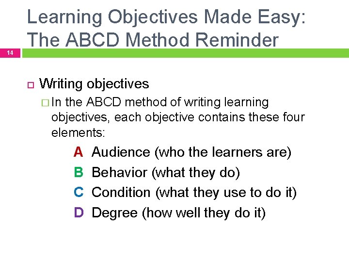 14 Learning Objectives Made Easy: The ABCD Method Reminder Writing objectives � In the 14 Learning Objectives Made Easy: The ABCD Method Reminder Writing objectives � In the