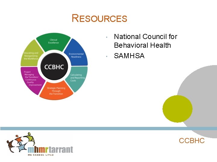 RESOURCES • • National Council for Behavioral Health SAMHSA CCBHC 