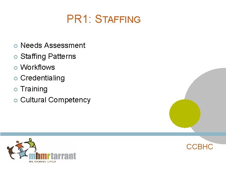 PR 1: STAFFING Needs Assessment Staffing Patterns Workflows Credentialing Training Cultural Competency CCBHC 