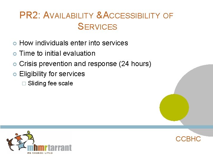 PR 2: AVAILABILITY & ACCESSIBILITY OF SERVICES How individuals enter into services Time to