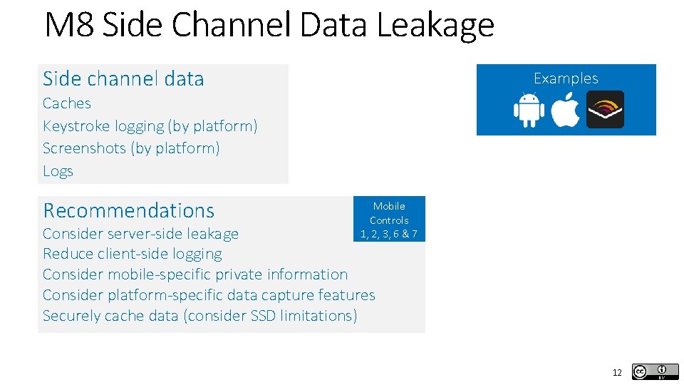 M 8 Side Channel Data Leakage Side channel data Examples Caches Keystroke logging (by