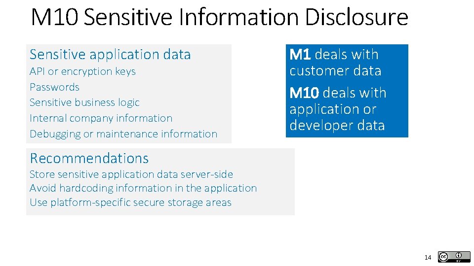 M 10 Sensitive Information Disclosure Sensitive application data API or encryption keys Passwords Sensitive
