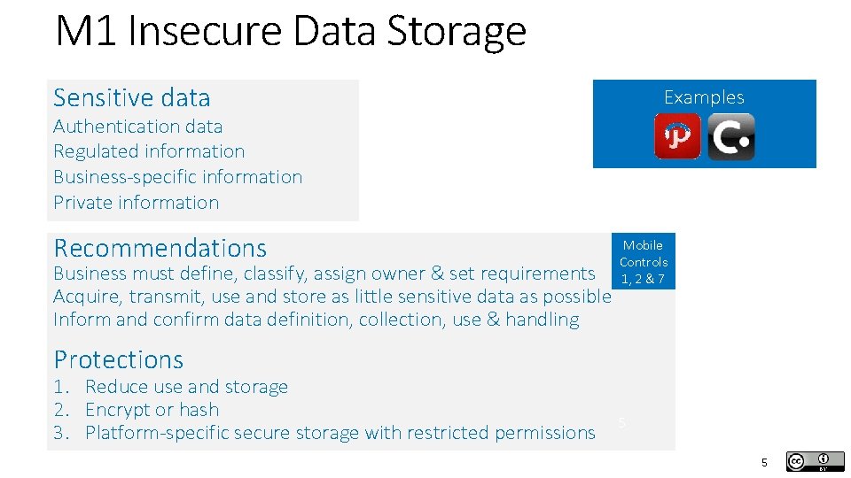 M 1 Insecure Data Storage Sensitive data Examples Authentication data Regulated information Business-specific information