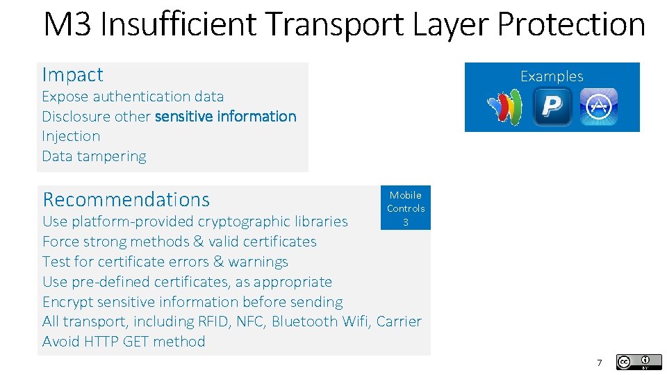 M 3 Insufficient Transport Layer Protection Impact Examples Expose authentication data Disclosure other sensitive