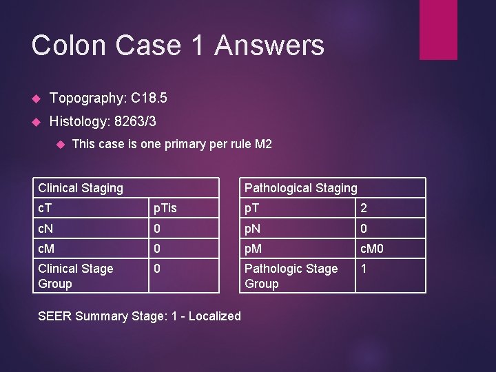 Colon Case 1 Answers Topography: C 18. 5 Histology: 8263/3 This case is one