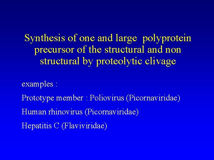 Synthesis of one and large polyprotein precursor of the structural and non structural by