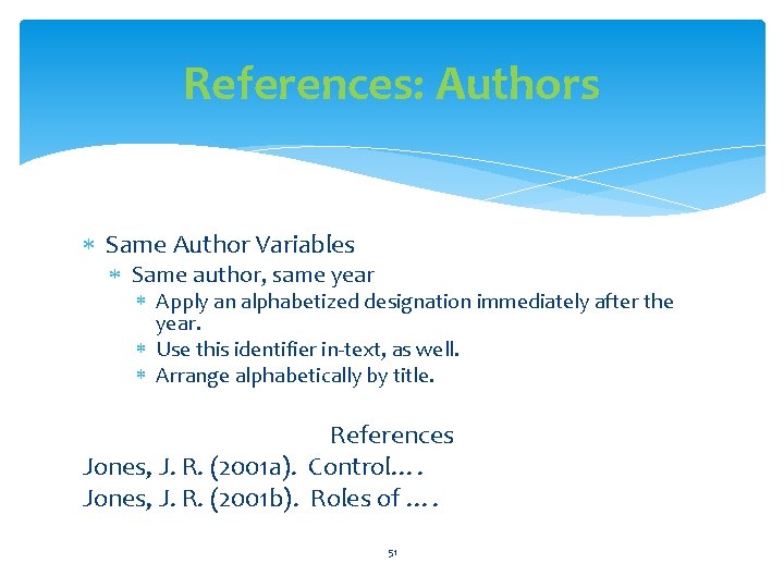 References: Authors Same Author Variables Same author, same year Apply an alphabetized designation immediately