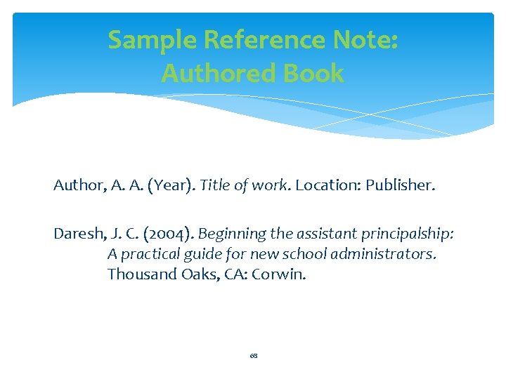 Sample Reference Note: Authored Book Author, A. A. (Year). Title of work. Location: Publisher.