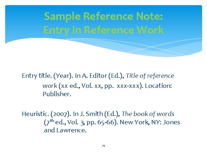 Sample Reference Note: Entry in Reference Work Entry title. (Year). In A. Editor (Ed.