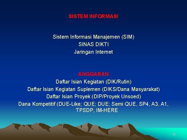 SISTEM INFORMASI Sistem Informasi Manajemen (SIM) SINAS DIKTI Jaringan Internet ANGGARAN Daftar Isian Kegiatan