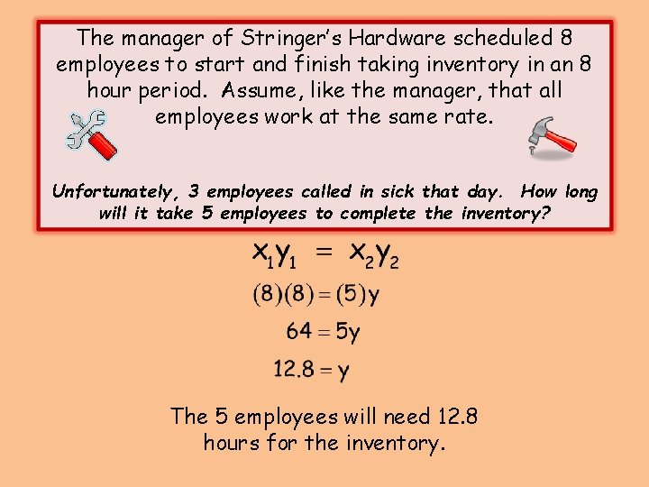 The manager of Stringer’s Hardware scheduled 8 employees to start and finish taking inventory