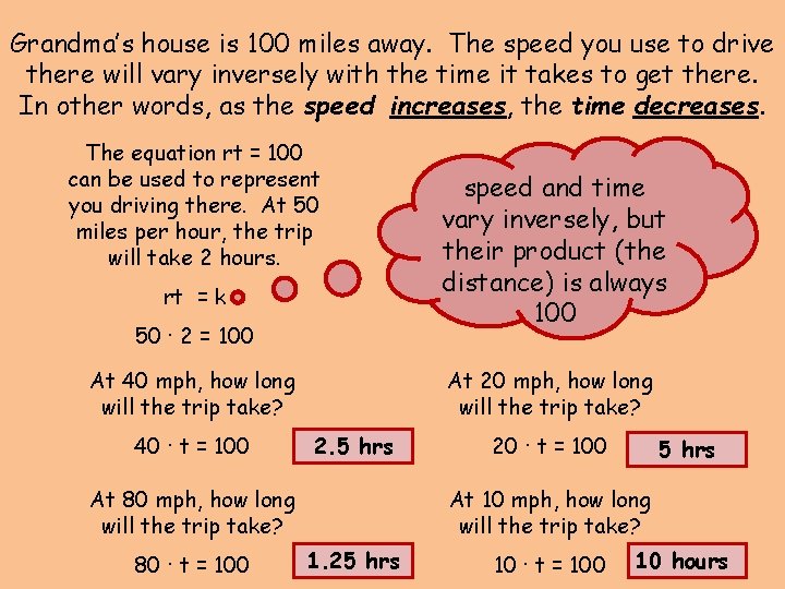 Grandma’s house is 100 miles away. The speed you use to drive there will