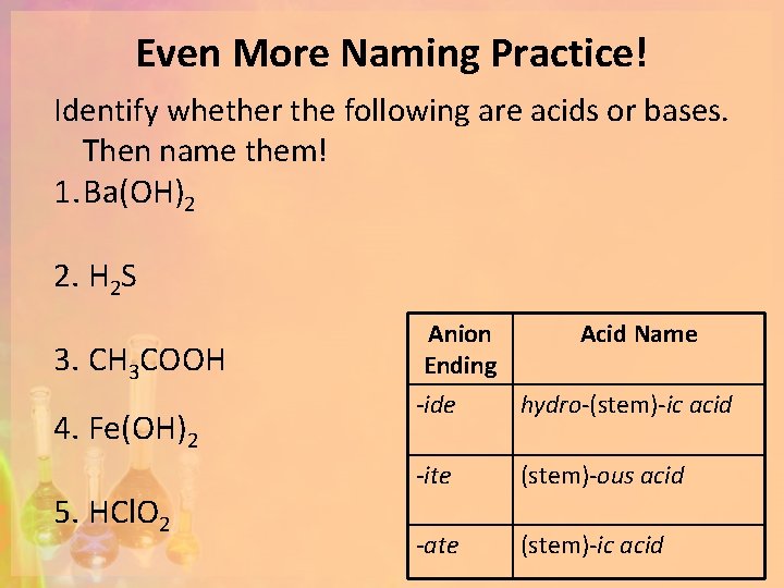 Even More Naming Practice! Identify whether the following are acids or bases. Then name