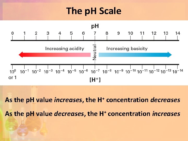 The p. H Scale As the p. H value increases, the H+ concentration decreases