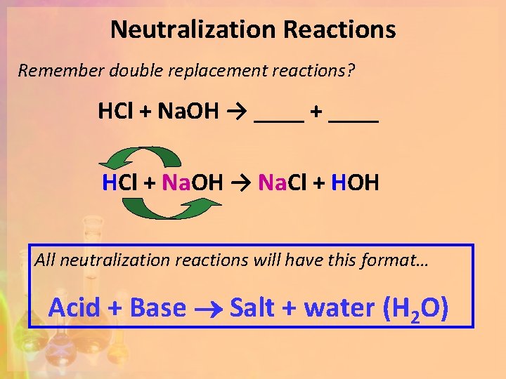 Neutralization Reactions Remember double replacement reactions? HCl + Na. OH → ____ + ____