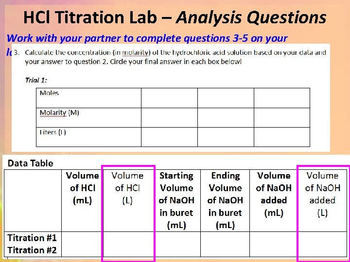 HCl Titration Lab – Analysis Questions Work with your partner to complete questions 3