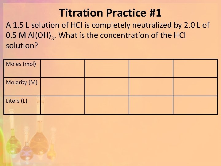 Titration Practice #1 A 1. 5 L solution of HCl is completely neutralized by