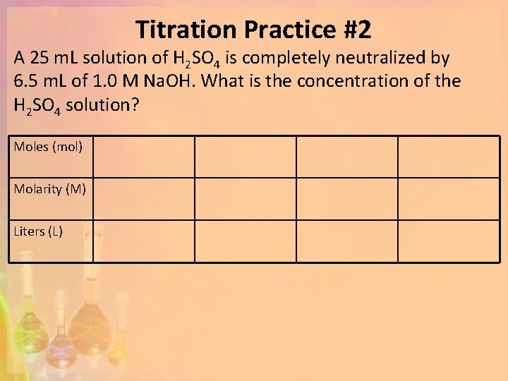 Titration Practice #2 A 25 m. L solution of H 2 SO 4 is